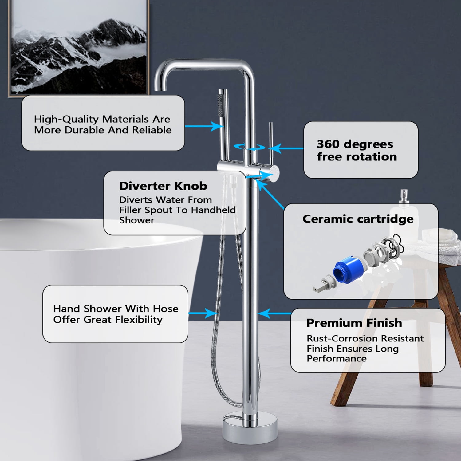 Freestanding Bathtub Faucet, Floor Mount Bathtub Faucet with 2 Water Outlet Modes, Sivwel Gooseneck Spout with Hand Shower,Stainless steel Single Handle Tub Filler Freestanding Bathtub Faucet,
