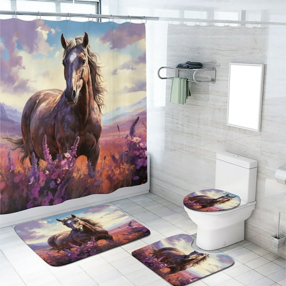 Horse 4 Pieces Shower Curtain Set with Non-Slip Rug Western Animal Country Forest Landscape with Non-Slip Rugs Toilet Lid Cover and Bath Mat Bathroom Decor Set, 72x72 Inch