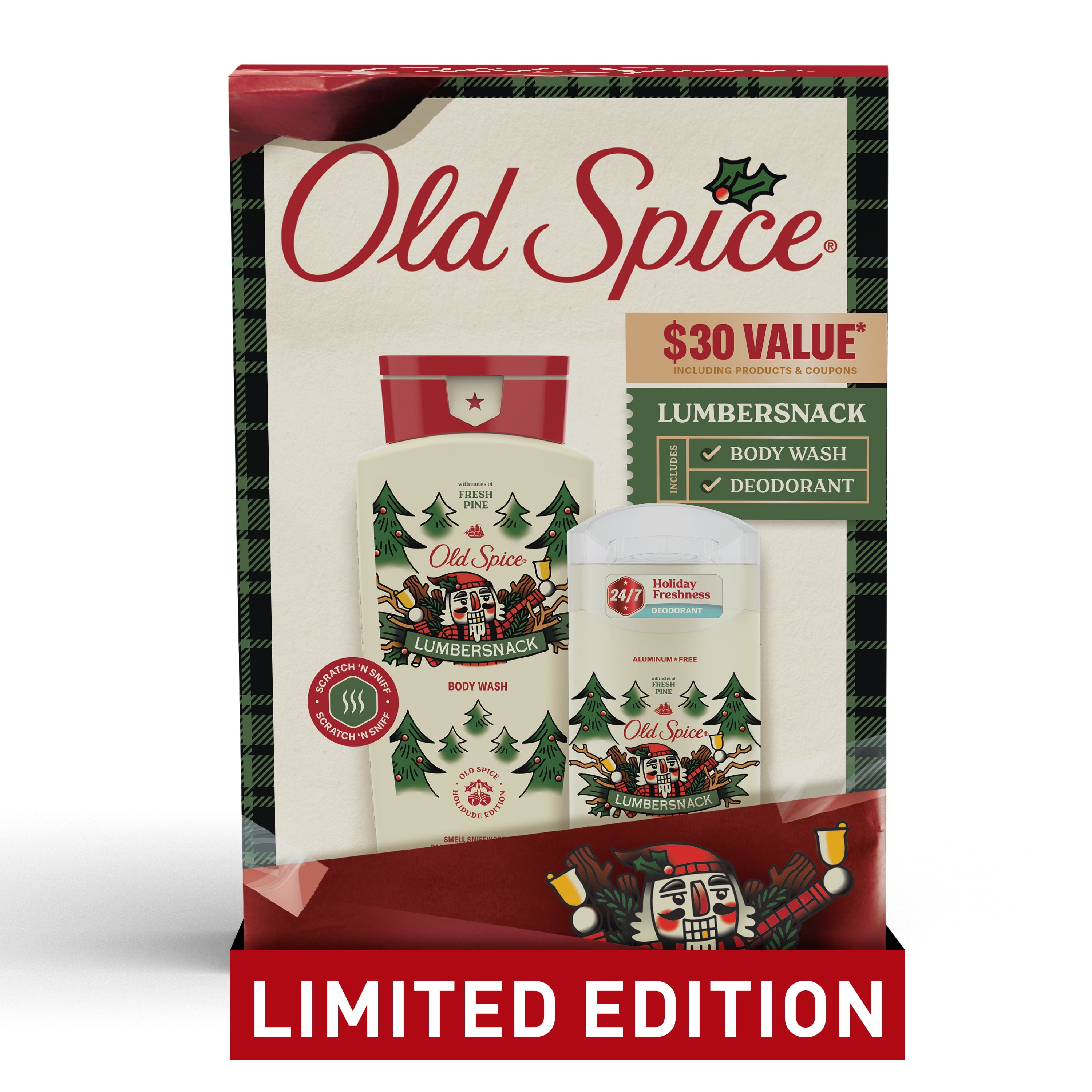 Old Spice Holiday Gift Pack for Men, LumberSnack, Body Wash, Aluminum Free Deodorant, 2-Pack, Holidudes Limited Edition Old Spice Holiday Gift Pack for Men, LumberSnack, Body Wash, Aluminum Free Deodorant, 2-Pack, Holidudes Limited Edition