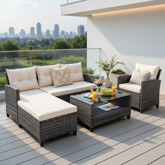 Topcobe 4 Pieces Patio Rattan Furniture Set with Cushion and Table Shelf, Outdoor Furniture, Off White