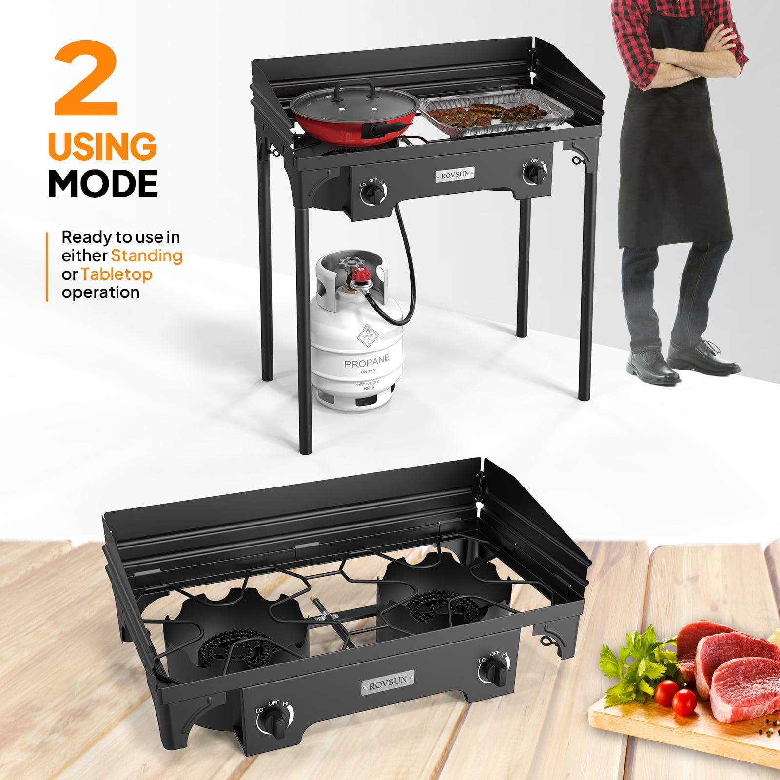 ROVSUN 2 Burner Outdoor Propane Gas Stove with Windscreen, 150,000 BTU High Pressure Stand Cooker for Backyard Cooking Camping Home Brewing Canning Turkey Frying, 20 PSI Regulator