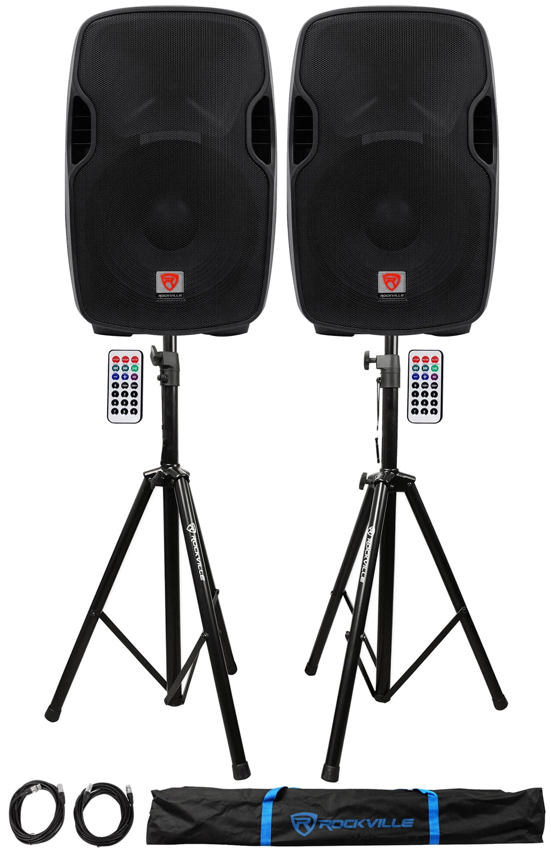 2) Rockville BPA15 15" Powered 800W DJ PA Speakers w Bluetooth+Stands