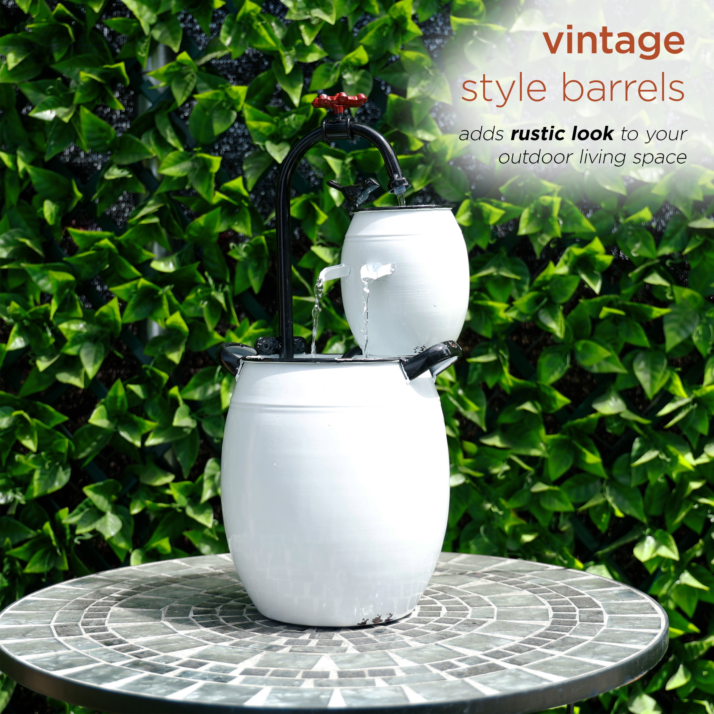 Alpine Corporation 19" Tall White Barrels & Faucet Tabletop Fountain Decoration