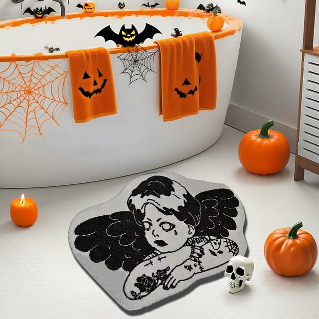 Uklsqma Halloween Floor Mat | Polyester Water-Absorbing Non-Slip Doormat with Ghost and Bat Print | 23.6X15.7 Inch Decorative Rug for Living Room Entryway Bathroom Porch Use
