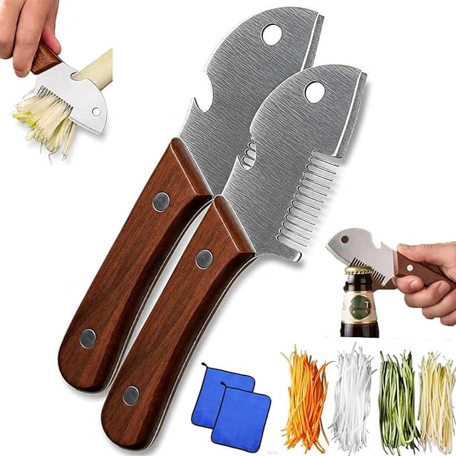 Wooden Handled Household Scallion Slicer, Multifunctional Kitchen Vegetable Peeler, 2026 Upgrade Multi-Functional Butter Knife 3-1 Built-in Bottle Opener, Spreader & Shredder for Bread, Toast (2PC)