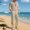 thumbnail image 2 of Timoontee Men's Lightweight Summer 2 Piece Set Loose Fit Casual Tracksuits Long Sleeve Button Down Lapel Shirts with Drawstring Pant Sets for Daily & Beach Vacation Khaki L, 2 of 9