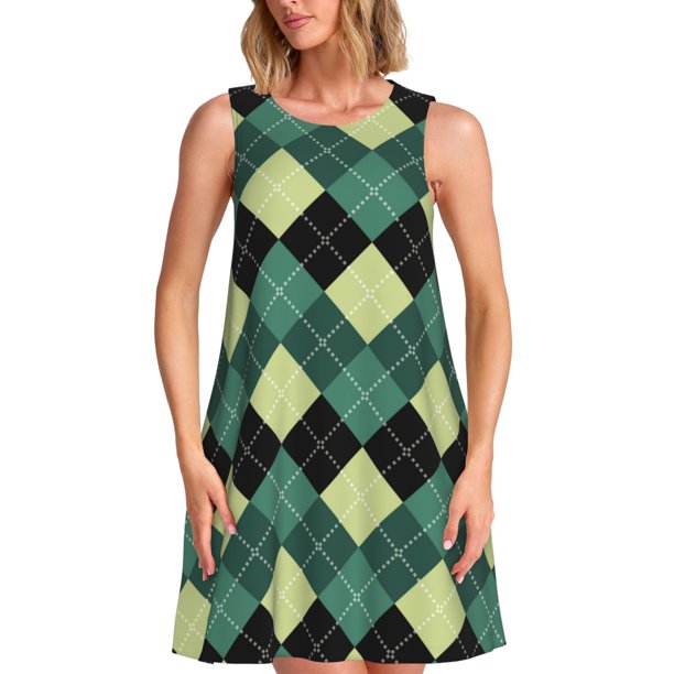 Disketp Green Squares para Vestido sin Mangas para Mujeres, Vestidos de Verano para Mujeres, Casual y Holgado para la Playa