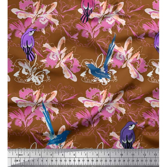 Soimoi Brown Cotton Poplin Fabric Floral & Bird Printed Fabric 1 Yard 42 Inch Wide