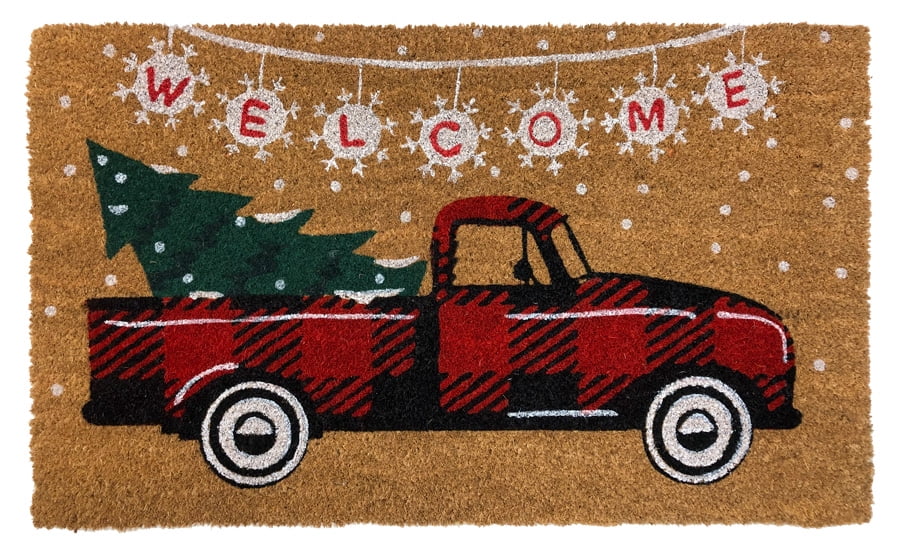 Red Checkered Truck Christmas Coir Doormat Natural Fiber Welcome 18' x 30'