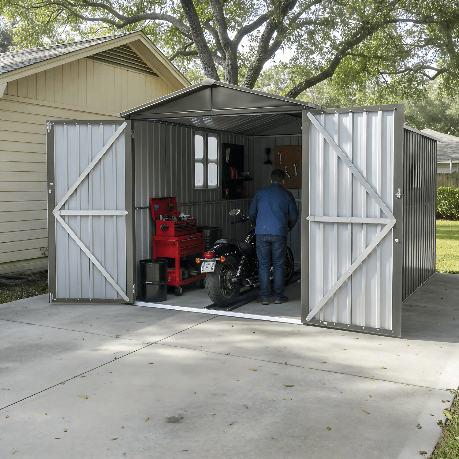 Mintazer 10×6ft Outdoor Motorcycle Storage Shed with Window & Tracks and Fixtures, Large Garden Tool Storage Building for Backyard Lawn Patio, Gray