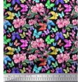 thumbnail image 1 of Soimoi Black Rayon Fabric Leaves,Pink Flower & Butterfly Print Sewing Fabric BTY 42 Inch Wide, 1 of 3