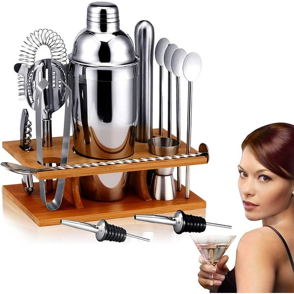 Cocktail Shaker Bartender Kit Bar Set Bar Tool Bartender Accessories Stainless Steel with Bamboo Stand Mixology Cocktail Shaker Boston Shaker Set for Liquor and Drink, 14 Piece