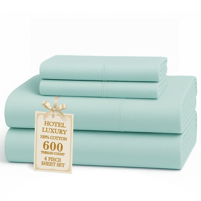 Casa Platino Juego de Sábanas Dobles de 600 Hilos: Suave 100% Algodón, Bolsillo Profundo, Tejido de Satén, Refrescante y Transpirable, 2 Fundas de Almohada - Azul