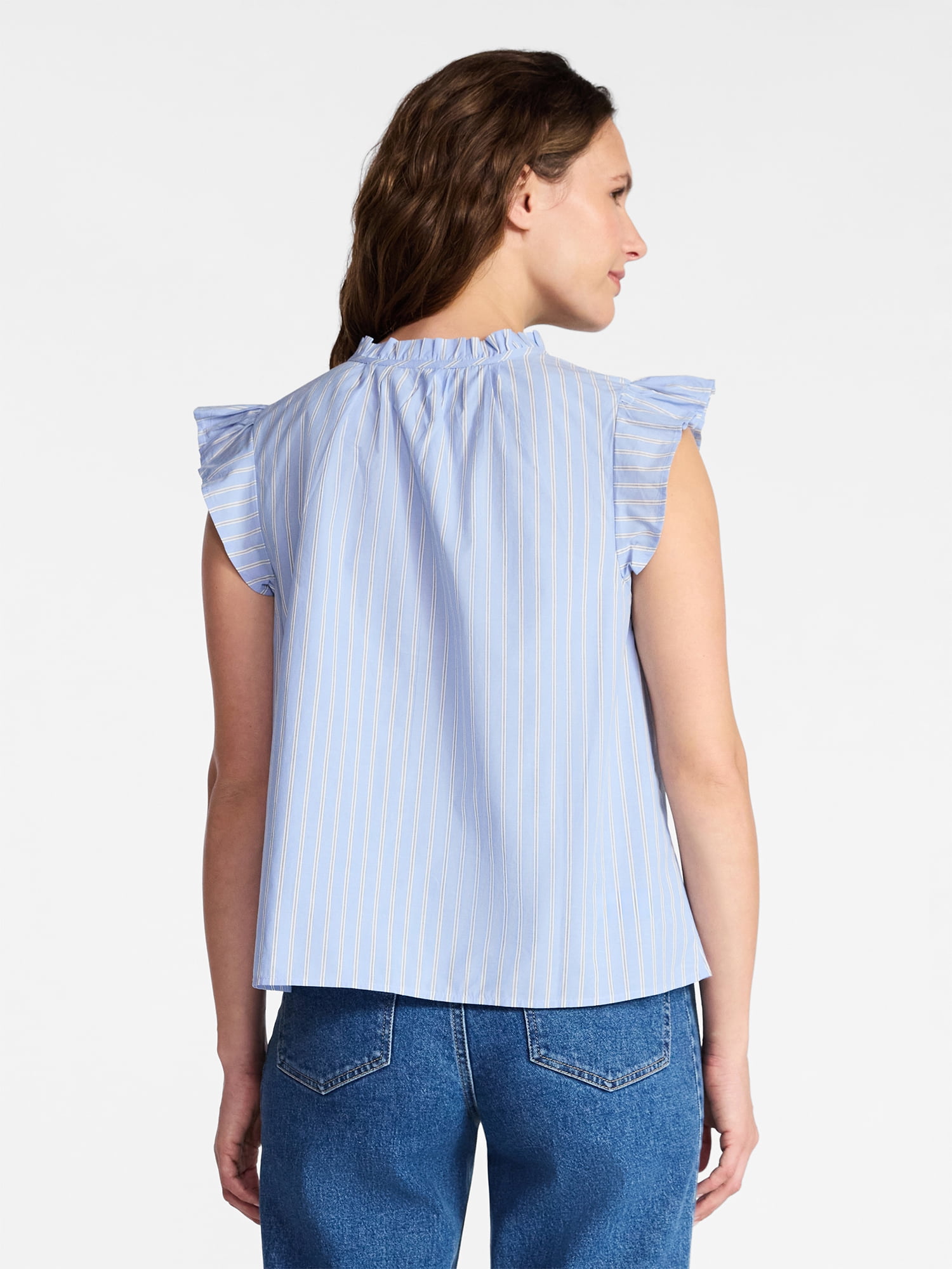 Time and Tru Women's Cotton Split Neck Top with Flutter Sleeves, Sizes XS-XXXL