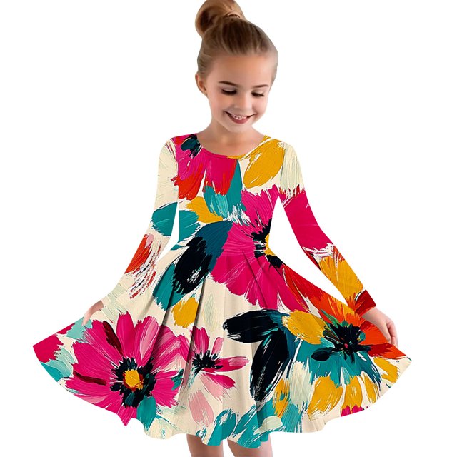 LOVZFMLL Robe Princesse Imprimée Florale pour Enfants de 4 à 14 Ans, Manches Longues, Col Rond