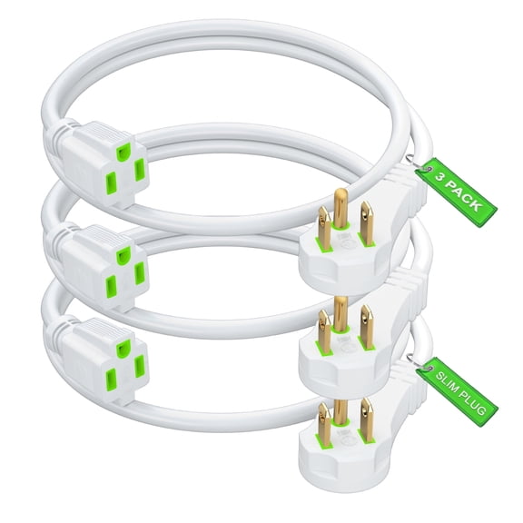 Maximm Flat Plug Extension Cord 1 ft with Slim Space-Saving Plug Design, Low Profile Extension Cord 16AWG (White, 3 Pack)