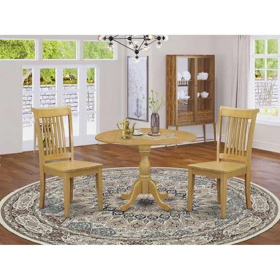 East West Furniture DMPO3-OAK-W 3 Piece Modern Dining Room Table Set - Oak Dining Room Table and 2 Oak Wooden Dining Chairs with Slatted Back - Oak Finish