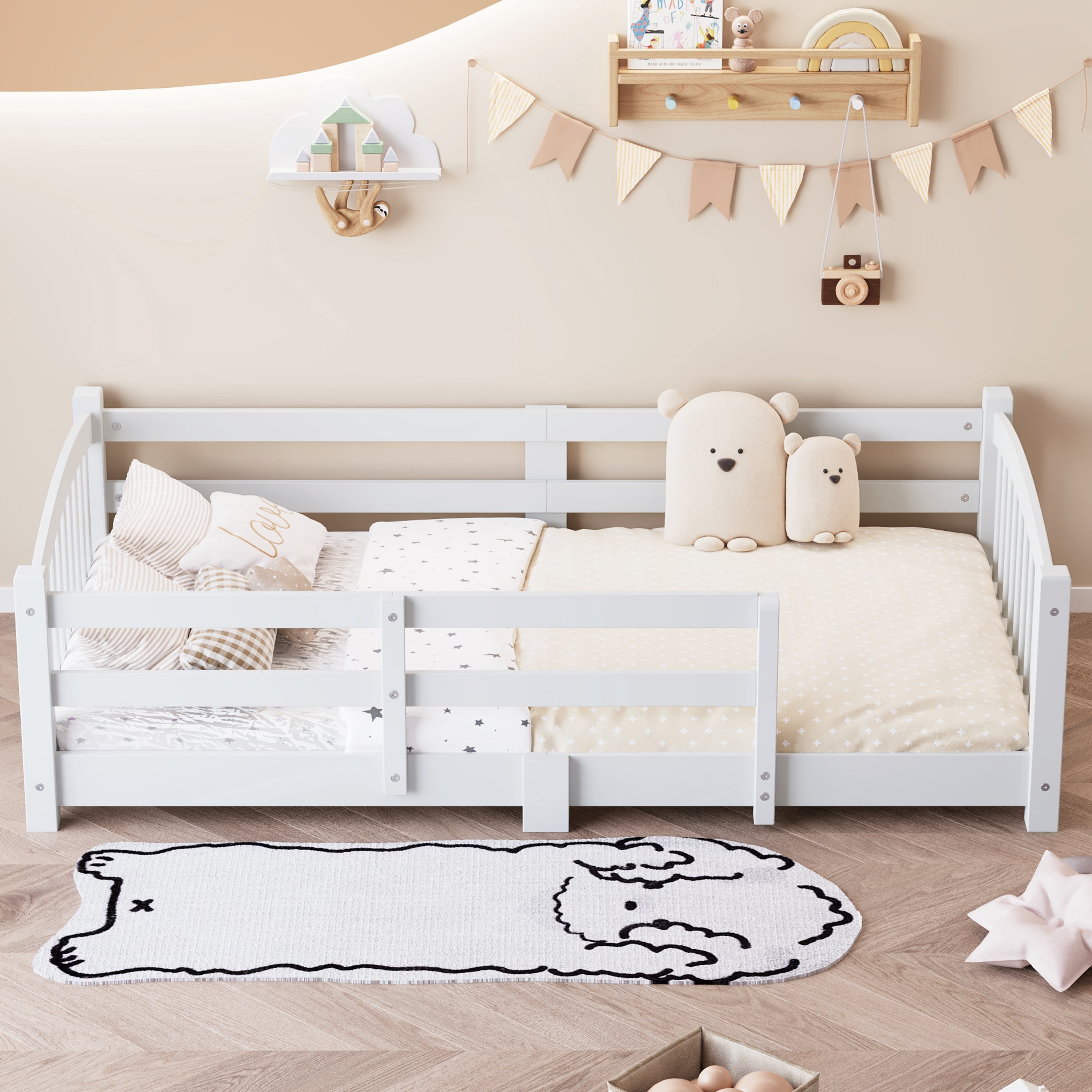 MODERNLUXE Twin Floor Bed with Slats and Safety Guardrails, Montessori Floor Bed with Fence and 1 Opening,Solid Wood Twin Size Bed Frame for Girls and Boys, White
