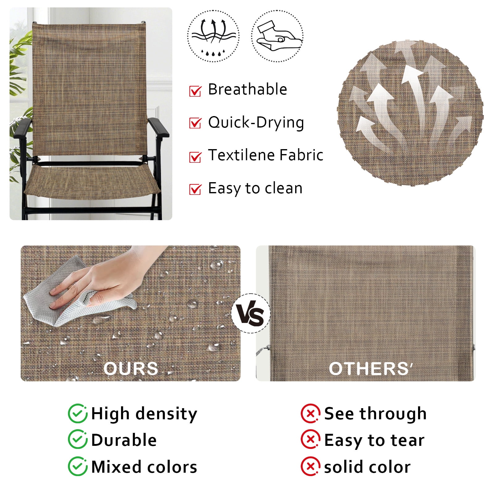 Set of 2 Outdoor Folding Chairs, Portable Patio Dining Chairs with Armrests & High Back, Sturdy Steel Frame for Garden, Lawn, Poolside, Camping (Brown)
