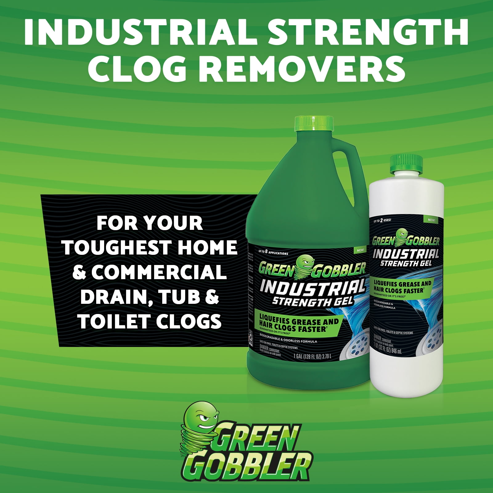  Green Gobbler Industrial Strength Grease and Hair Drain Clog  Remover, Drain Cleaner Gel, Safe for Pipes, Toilets, Sinks, Tubs, Drains  & Septic Systems