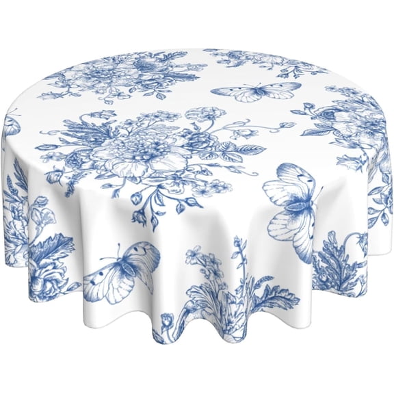 Blue Butterfly Floral Round Tablecloth 60 Inch Farmhouse Rustic Tablecloth Spring Summer Table Cloth, Flower Outdoor and Indoor Circle Table Cover for Home Party Kitchen Picnic