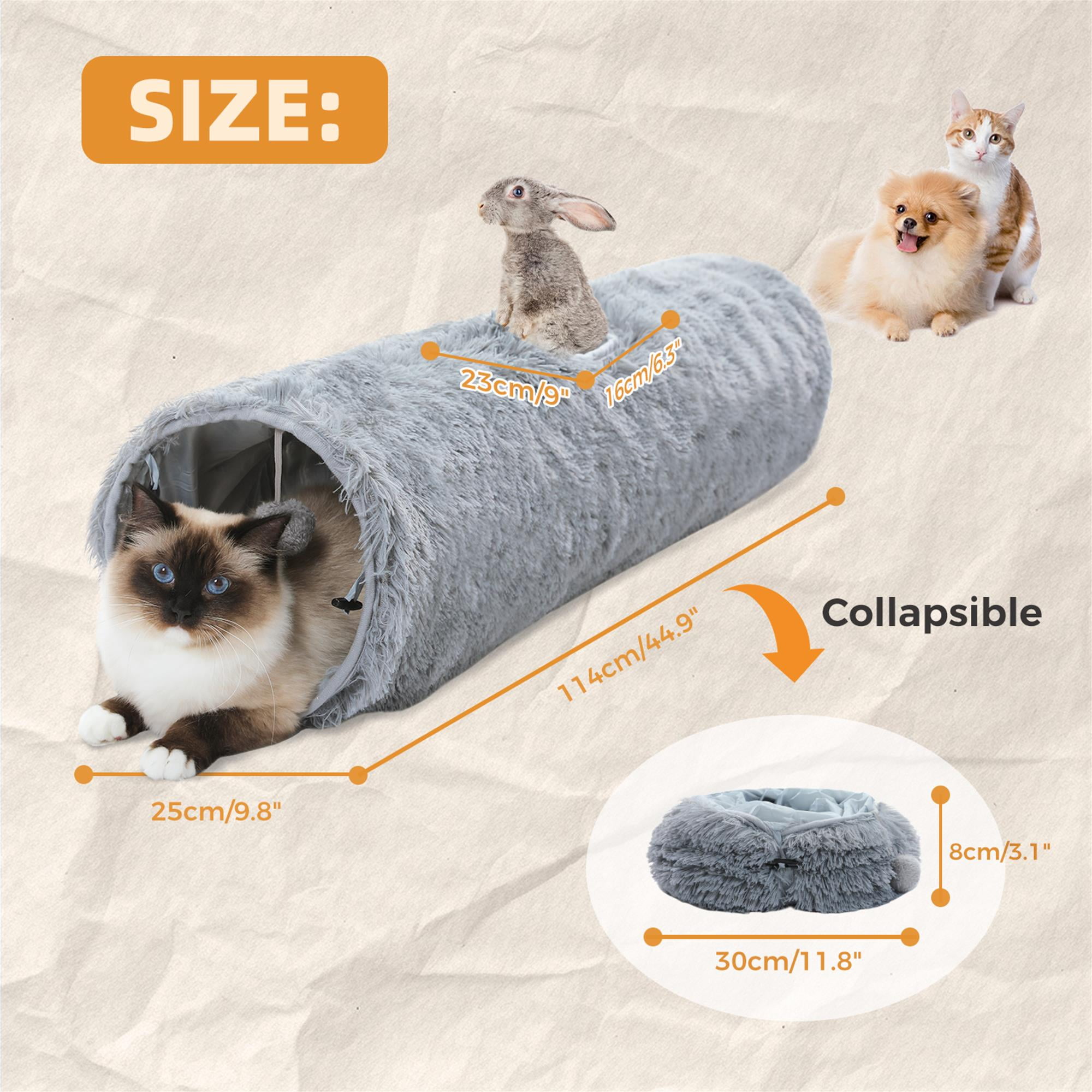 Kadyn Cat Tunnel 45" Long Cat Toys Collapsible Tunnels 10" Diameter Large Cat Tube for Big Cat, Rabbits and Puppy, Gray