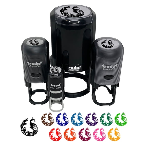 Elegant Sitting Peacock Self-Inking Rubber Stamp Ink Stamper - Black Ink - Mini 1/2 Inch