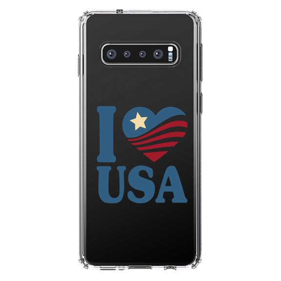 DistinctInk Clear Shockproof Hybrid Case for Samsung Galaxy S10 (6.1" Screen) - TPU Bumper Acrylic Back Tempered Glass Screen Protector - I Love USA Flag