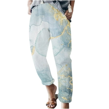 

YanHoo Women s Baggy Linen Pants Elastic High Waist Wide Leg Long Trouser Summer Beach Printing Holiday Pants with Pockets
