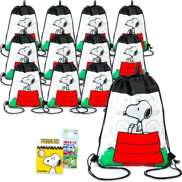 Bolsas de Regalo para Fiesta Peanuts Snoopy Paquete de 12 con Tatuajes