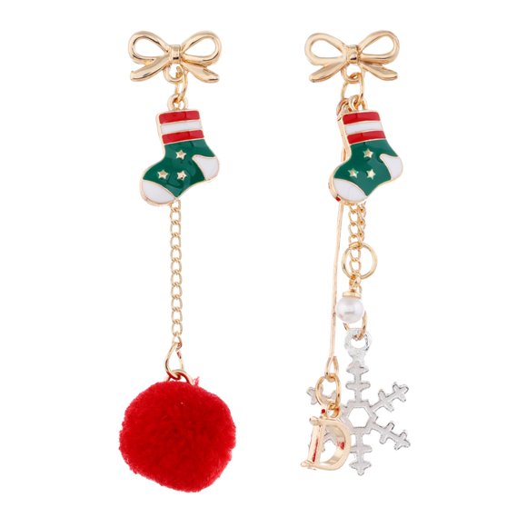 Snowflake Christmas Pendant Earrings, Cute Asymmetrical Earrings With Bow Hair BallsThe Best Gift for A Loved One
