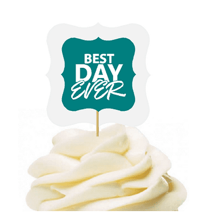 Teal 12pack Best Day Ever Flower Cupcake Desert Appetizer Food Picks for Weddings, Birthdays, Baby Showers, Events &