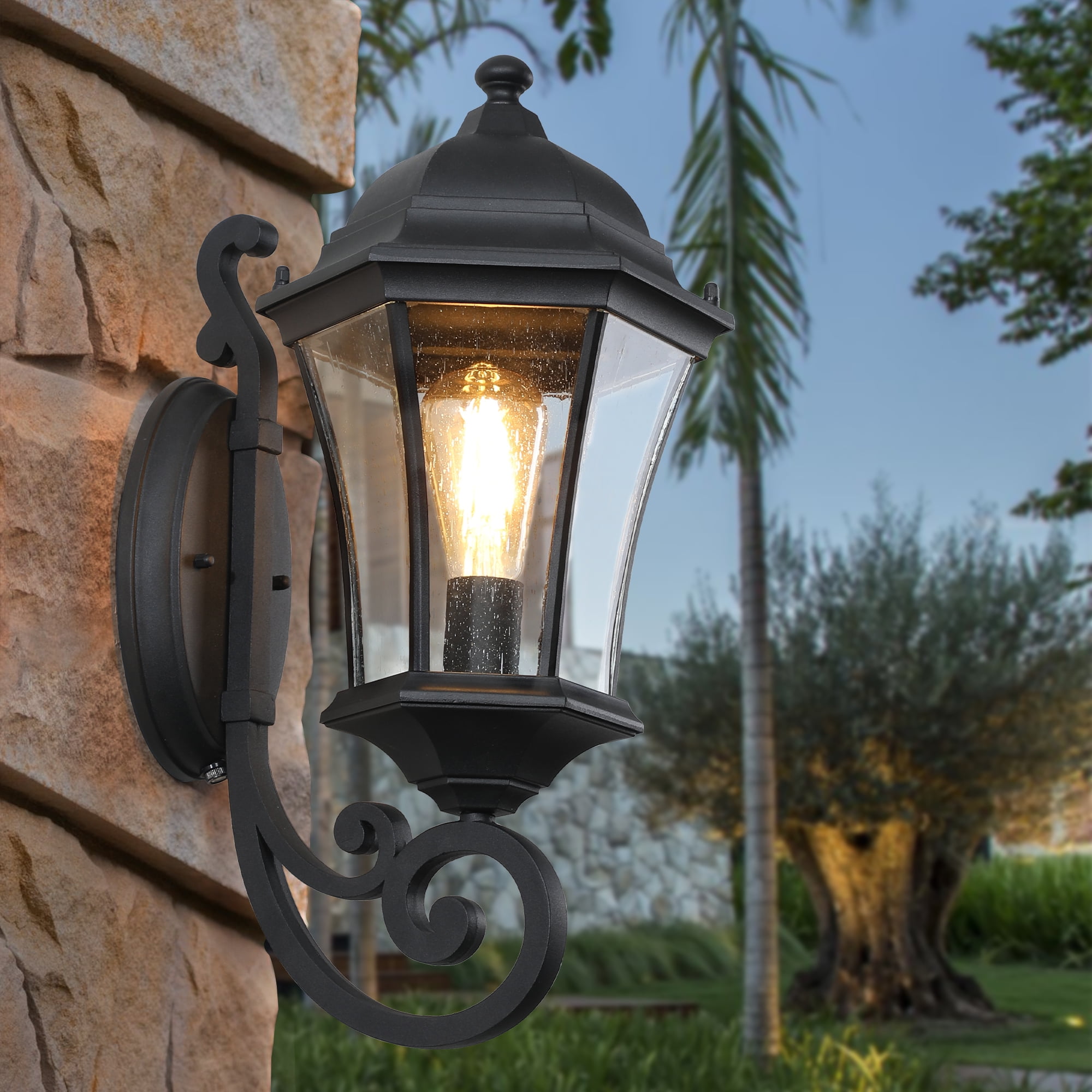 Vintage Wall-Mounted Outdoor Lantern Light Set of 2, Elegant Black Metal Sconce for Porch Patio Garden, Black