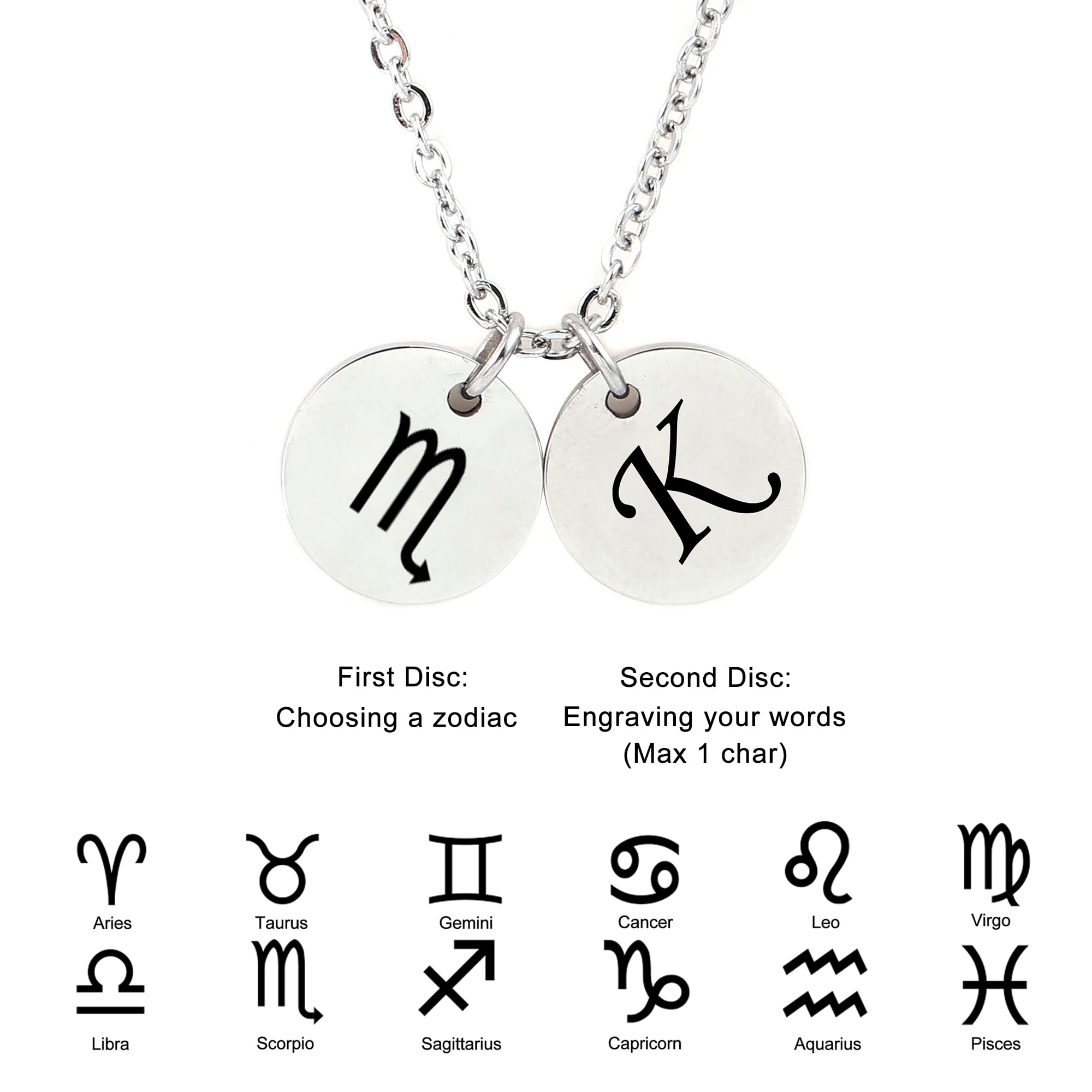 Personalized Round Constellation Initial Necklace - Engraved Zodiac Symbol Jewelry - Christmas Gift for Her - Stainless Steel - 18" Chain - Silver Scorpio