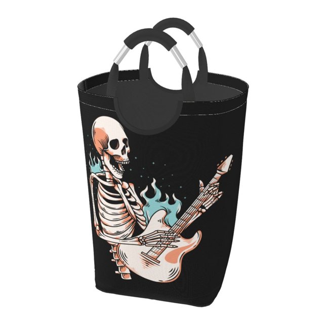 DouZhe 50L Rectangular Laundry Basket, Rock Skeleton Guitar Prints Waterproof Foldable Laundry Hamper with Aluminum Handles