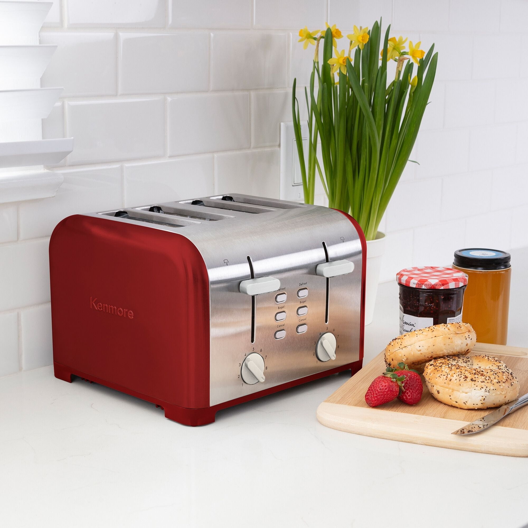 Kenmore 4-Slice Stainless Steel Toaster, Dual Controls, Extra Wide Slots, 9 Browning Levels- Red & Silver