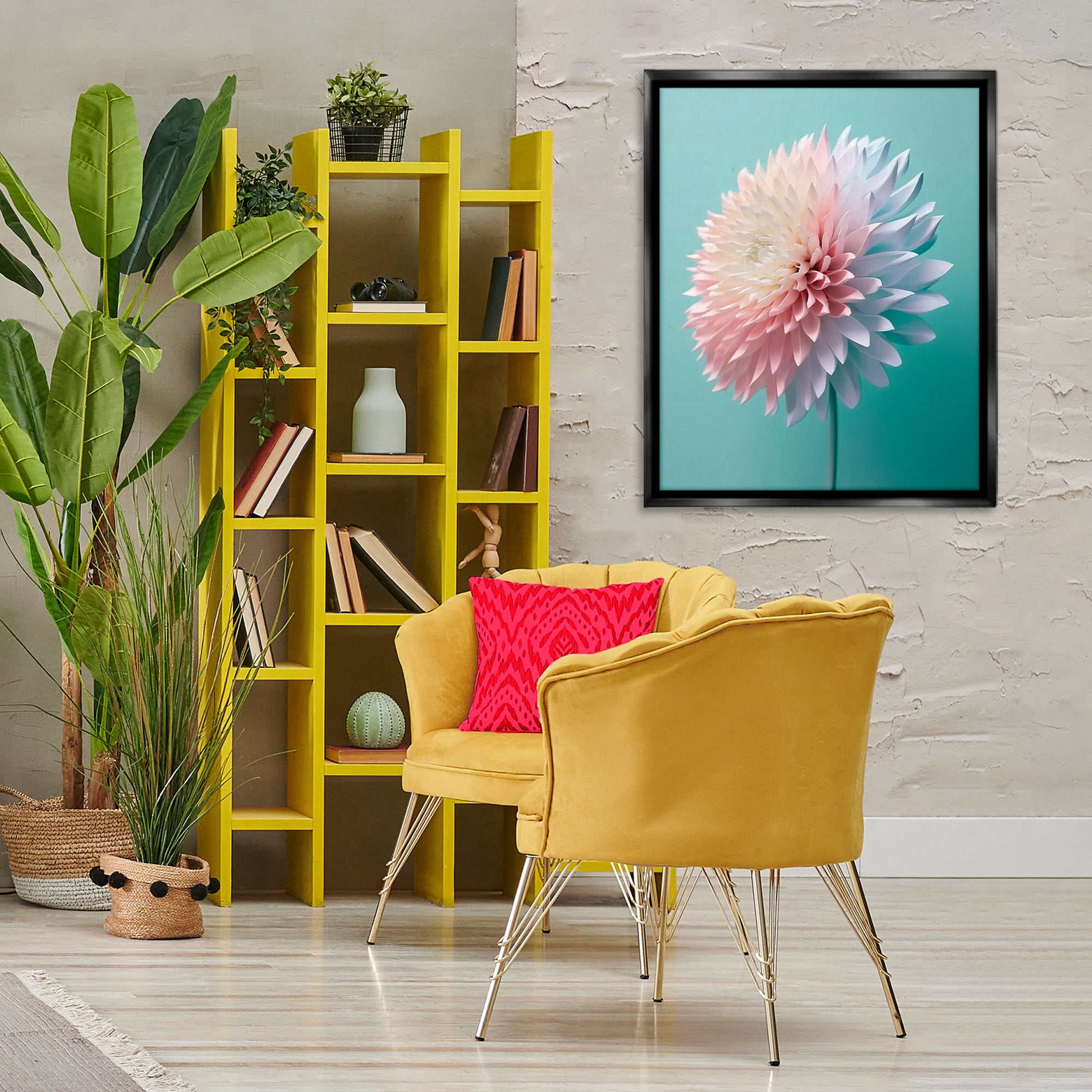 Stupell Industries Detailed Dahlia on Blue Plants & Flowers Photography Black Floater Framed Canvas Art Print Wall Art, 25 x 31