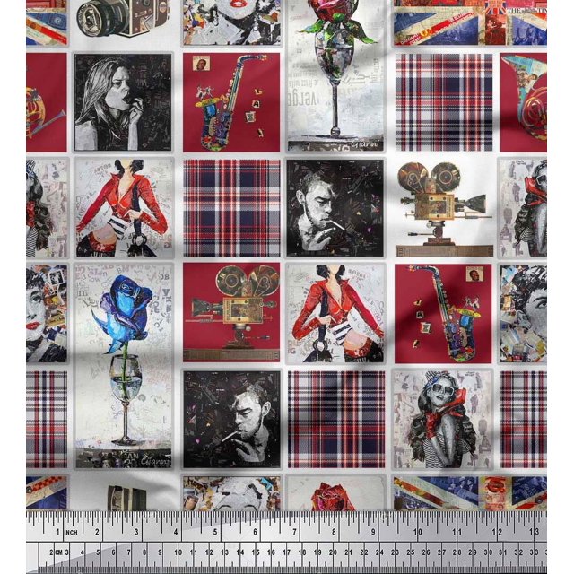 Soimoi Tissu Satin Modal à Carreaux, Femmes & Appareil Photo Tissu Patchwork Imprimé au Mètre 42 Pouces de Large