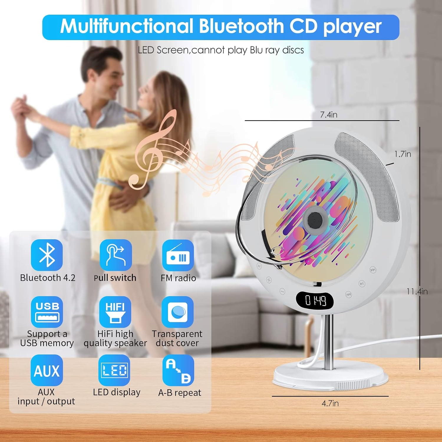 Qoosea Portable CD Player, Folklore Cd player for Home, Bluetooth Desktop Music Kpop CD Player for Car, Audio Boombox with Remote Control, Built-in Speaker, LED Screen, FM Radio, AUX Input Output