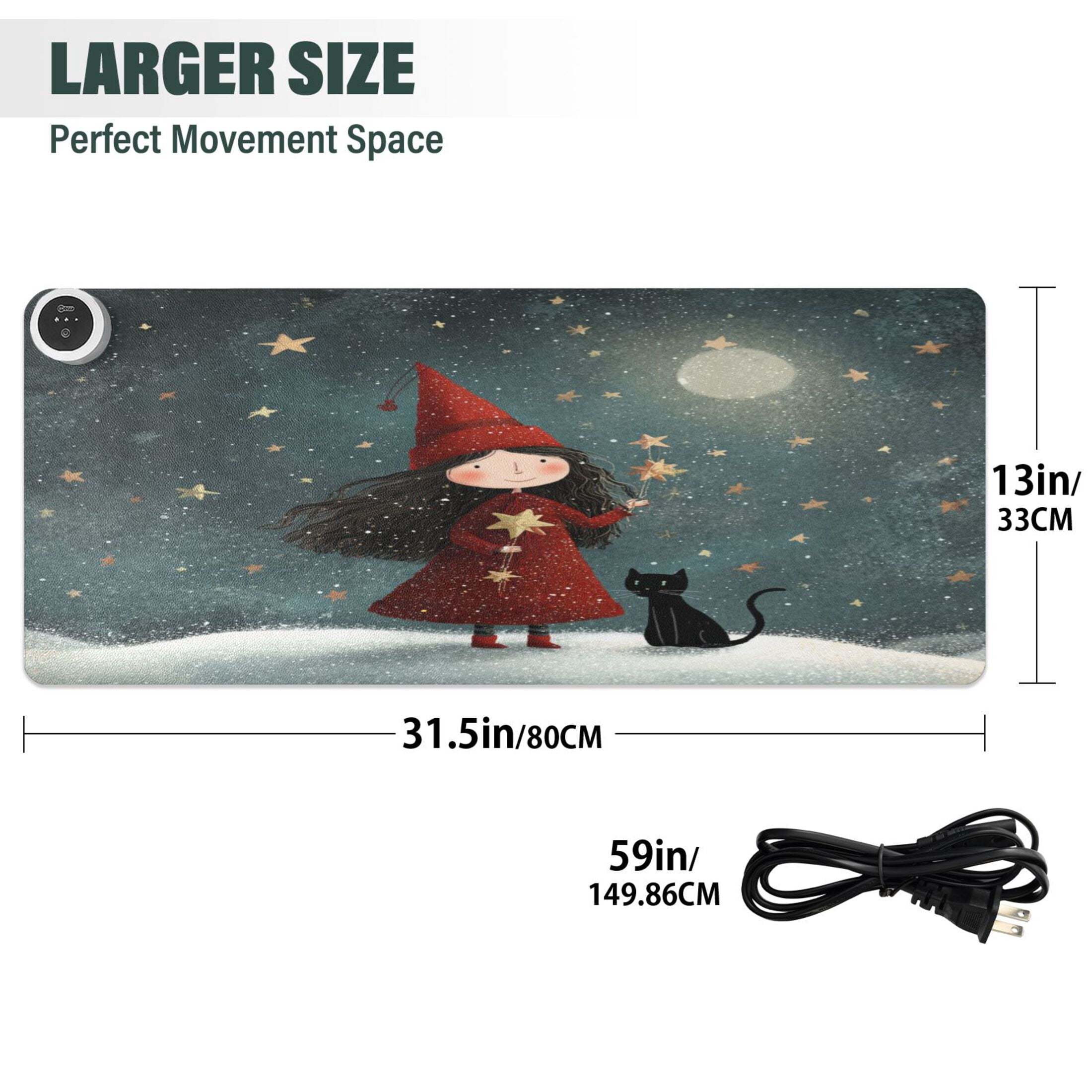 Large Heated Desk Mat Mouse Pad 31.5"x13"PU Leather Graphene Heating Desk Warmer with 3 Temperature Settings 110V US Plug Non-Slip Warm Pad for Home, Office, and Gaming Red Hat and Black Cat
