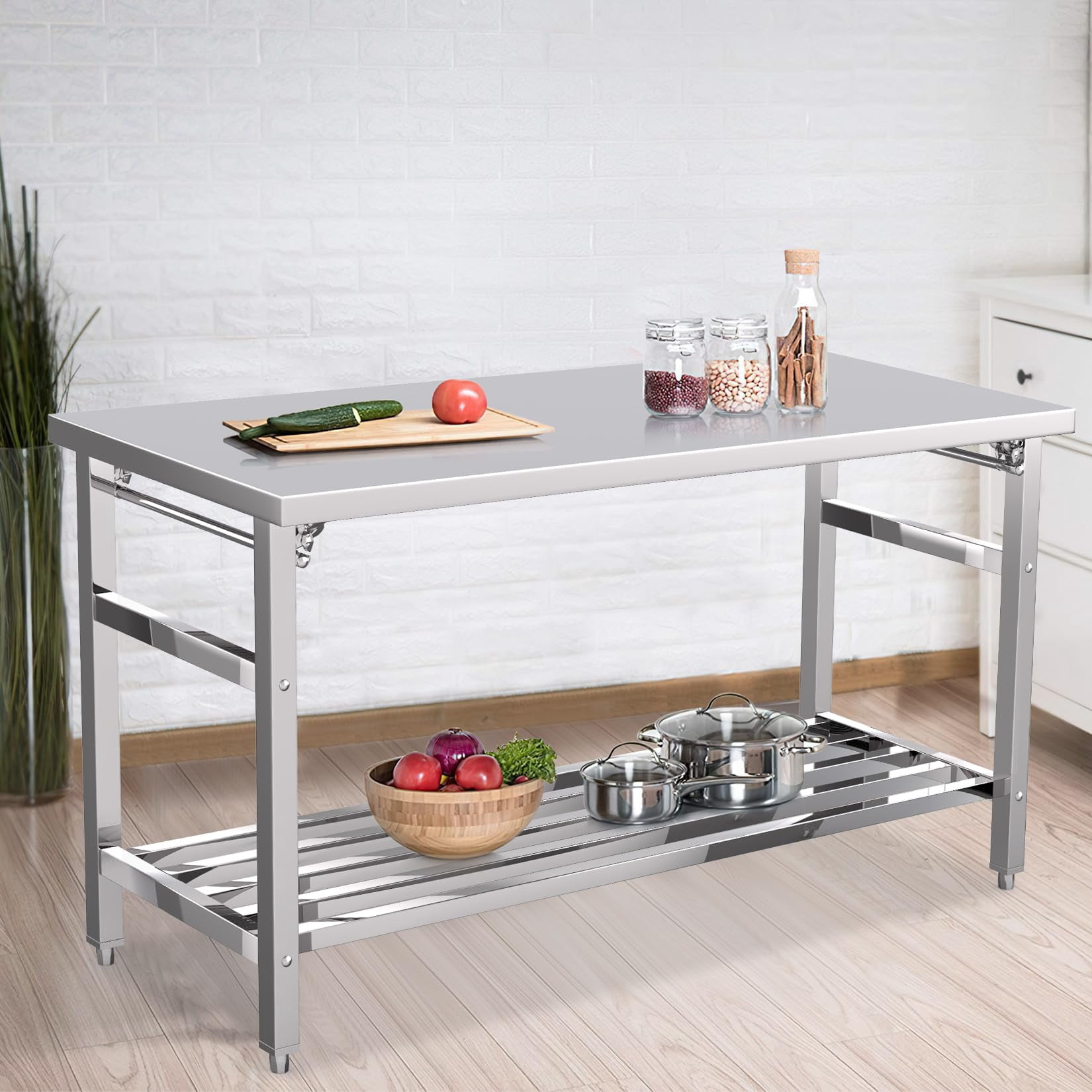 Mesa de acero inoxidable de 60 x 24 pulgadas, mesa de trabajo y preparación de metal NSF con estante inferior ajustable, para cocina comercial, restaurante, plata