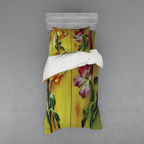 Ambesonne Romantic Bedding Set 3 Pcs, Retro Flower Painting, Twin XL, Pink Yellow Green