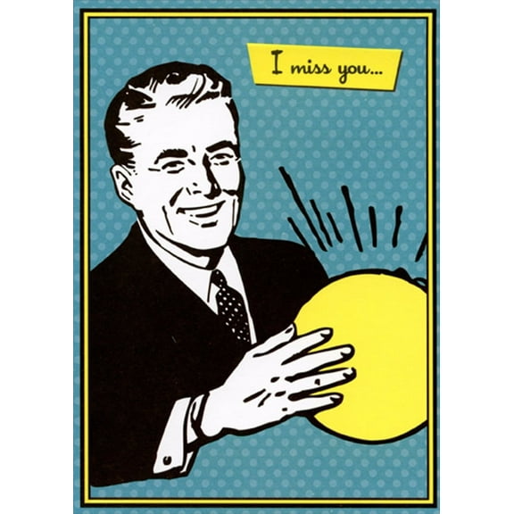 Designer Greetings Retro Man with Yellow Ball : Blue Polka Dots Risque Funny / Humorous Miss You Card