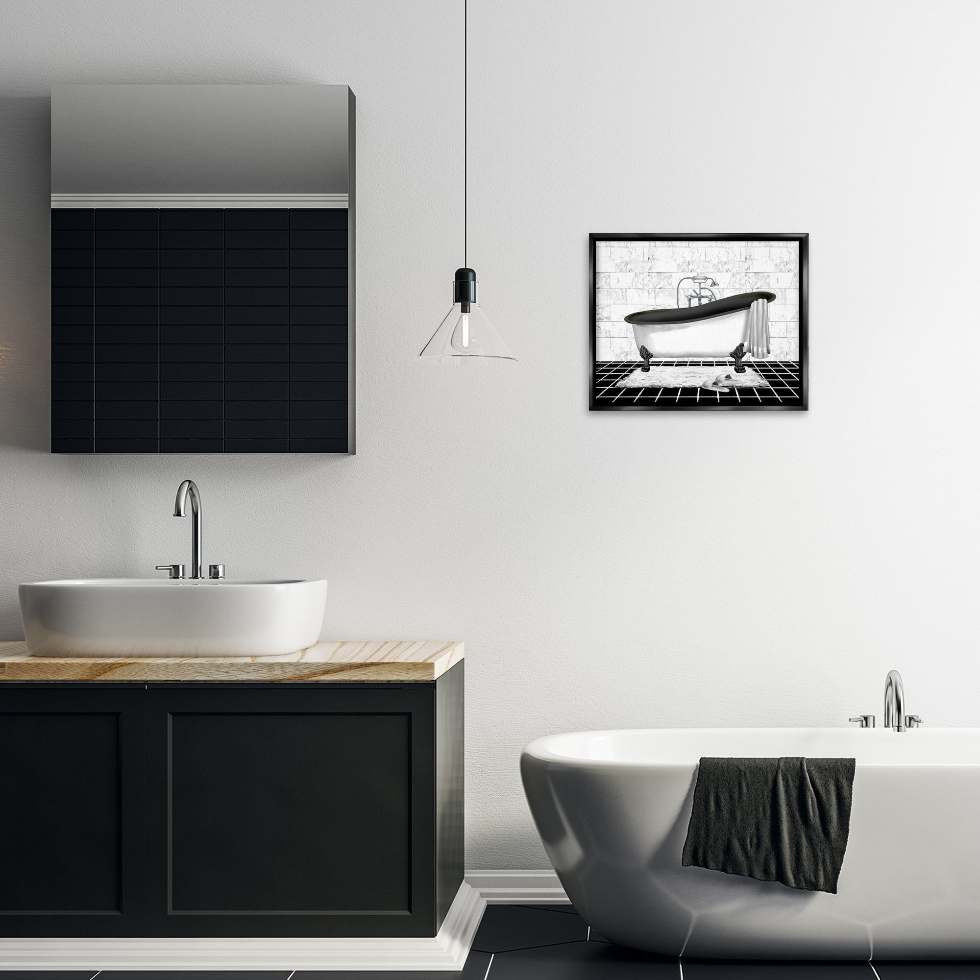 Stupell Industries Marble Pattern Bath Typography Painting Black Floater Framed Canvas Art Print Wall Art, 21 x 17