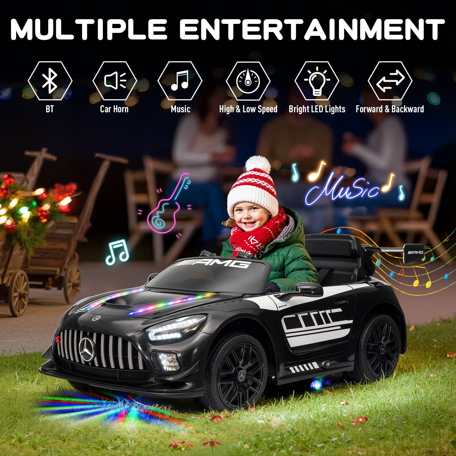 MUKIDY 12V Licensed Mercedes-Benz AMG GT3 Electric Ride on Car Toy for Toddler Kid w/ Remote Control, LED Lights, MP3 Player, Black