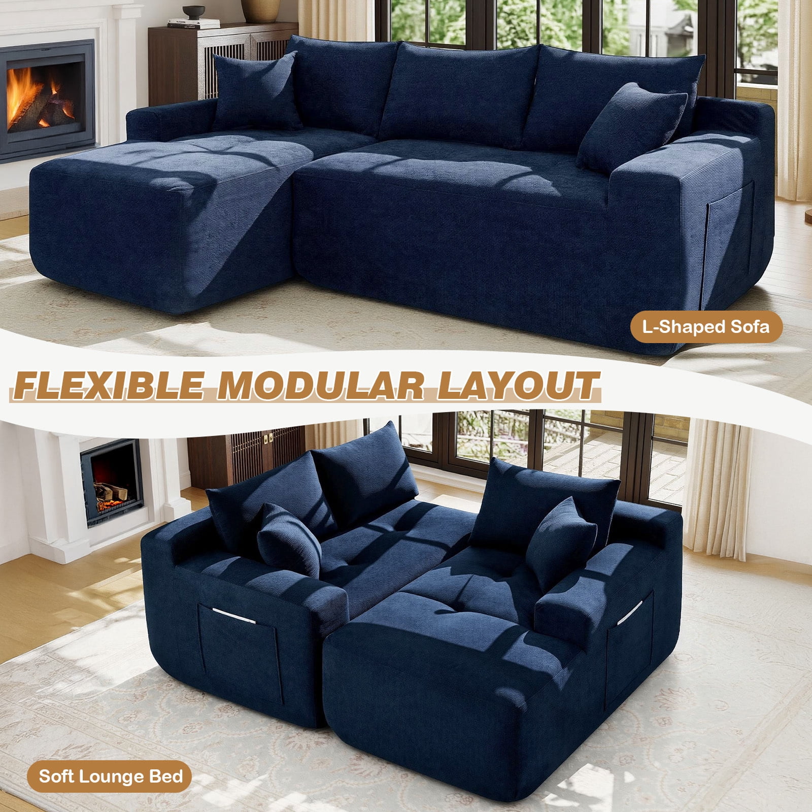 Lunale L-Shaped Modular Sectional Sofa with Left Chaise, No Assembly Required, Boneless Polyester Cloud Couch for Living Room, Blue