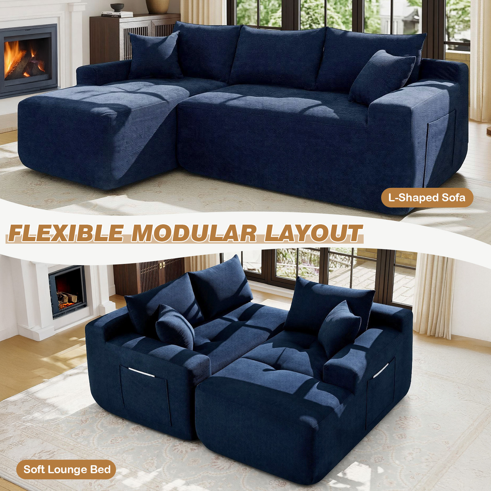Lunale L-Shaped Modular Sectional Sofa with Chaise, Blue photo 4