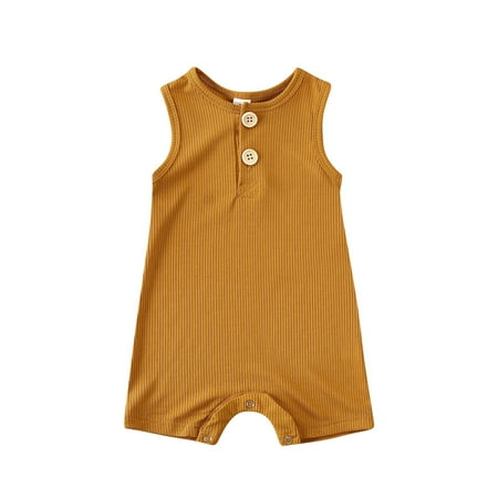 

Mioliknya Toddler Summer Rompers Solid Color Ribbed Sleeveless Button Open Jumpsuits