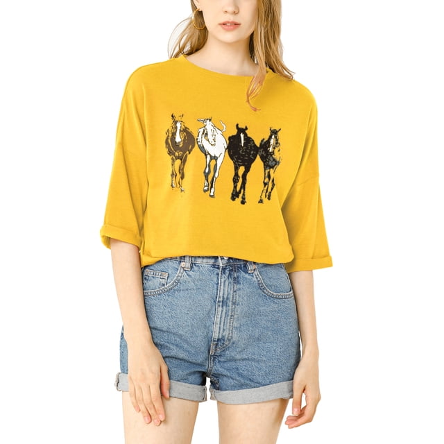 INSPIRE CHIC Woman's Drop Shoulder 3/4 Sleeves Horse Print Loose Tops