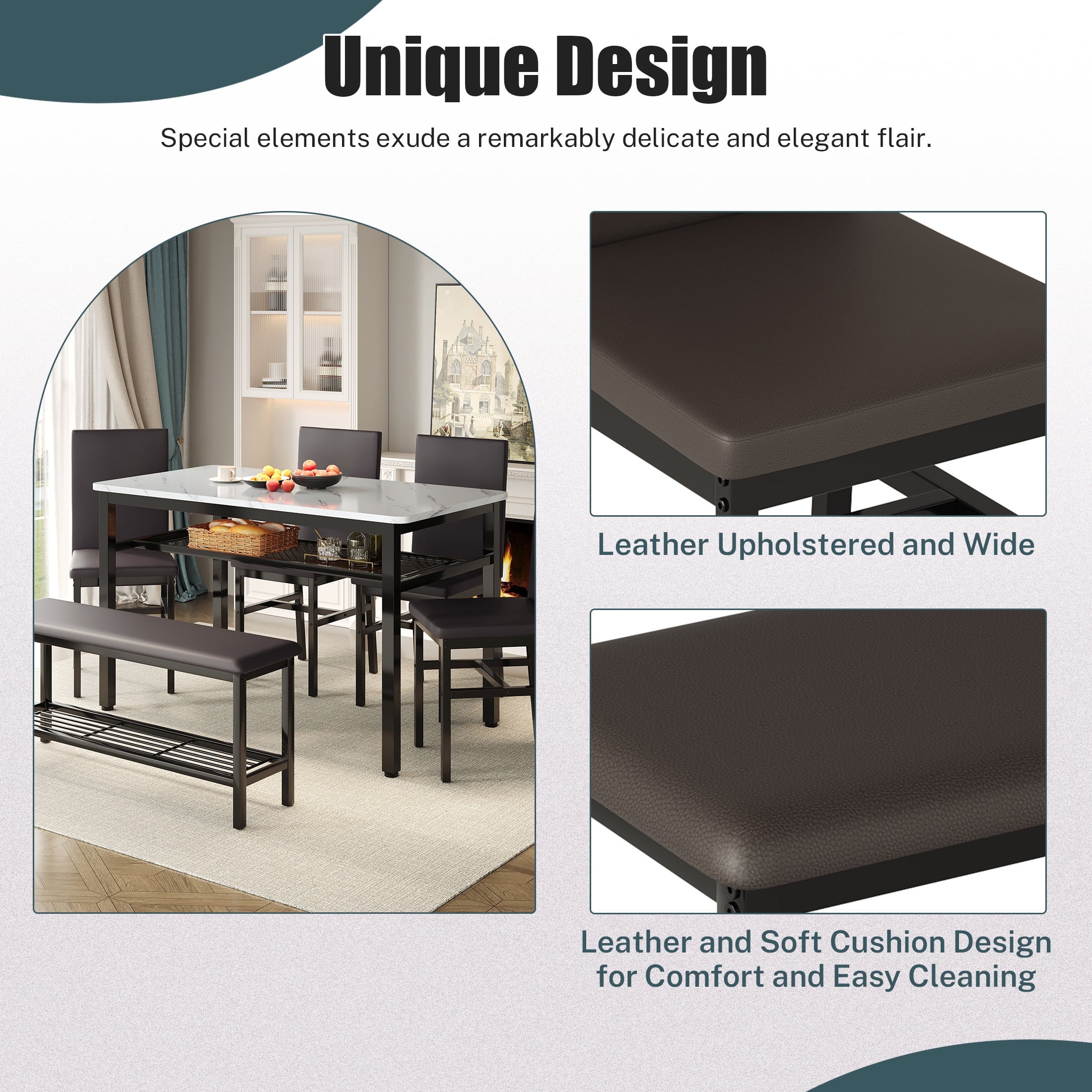 PORKISS 6 Piece Dining Set with Bench, Modern Dining Table Set for 6, Large Kitchen Table and Chairs for 6 Persons, Rectangle Dinette Sets with 4 Chairs and 1 Bench for Family, Black + White